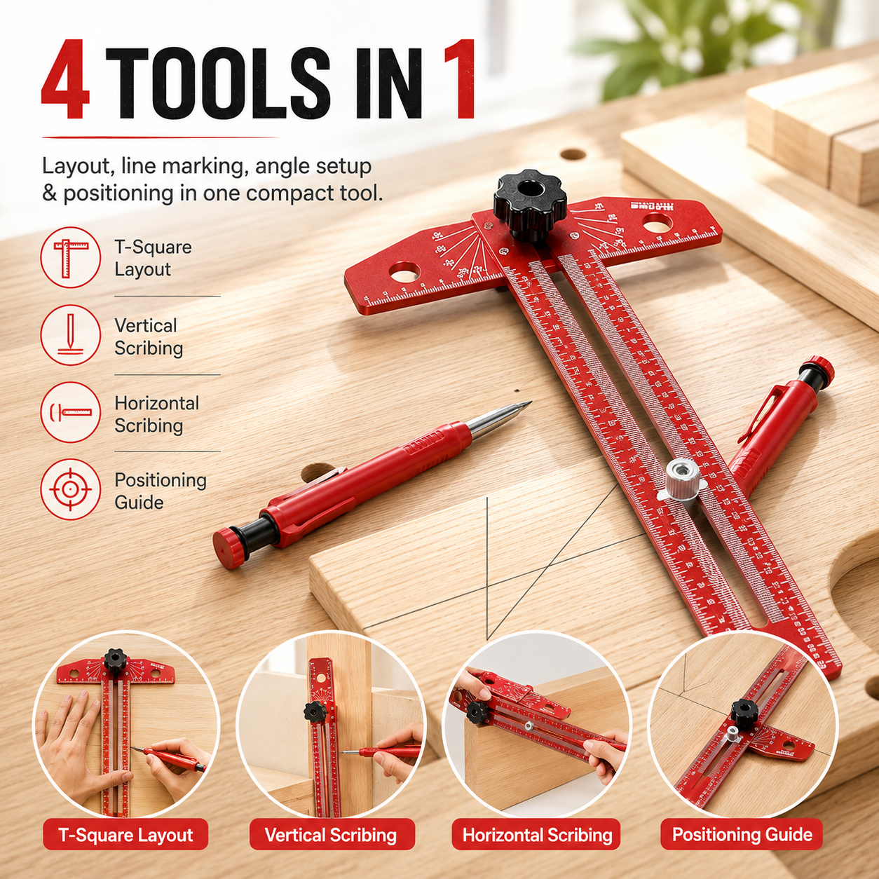 Four functions T square vertical scribing horizontal scribing and positioning guide