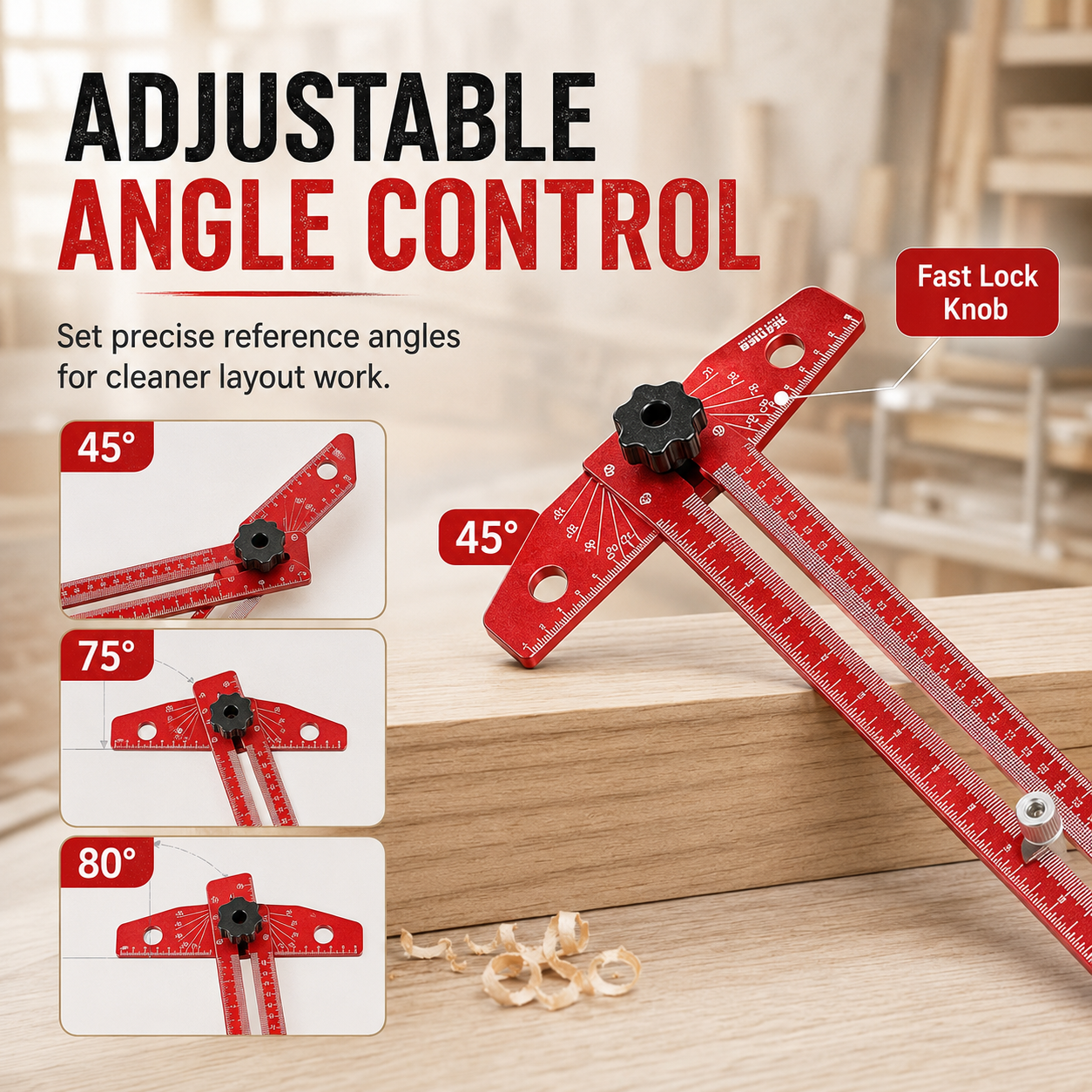 Adjustable angle control on red woodworking scriber ruler
