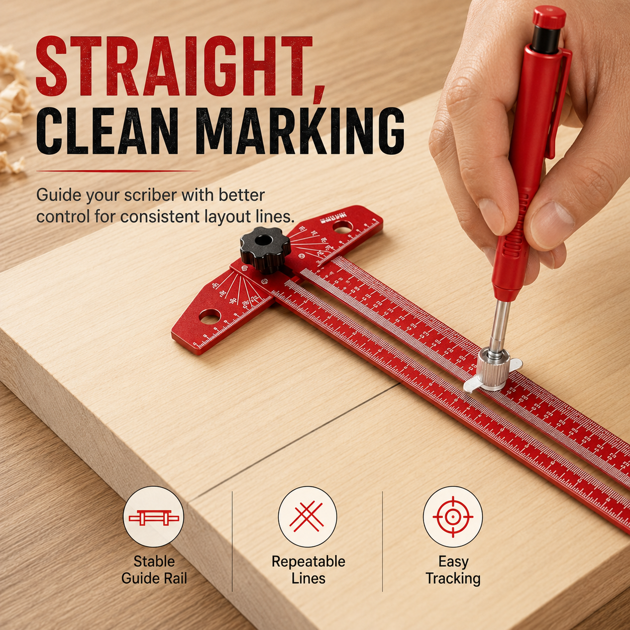 Straight clean marking with woodworking scriber marking ruler