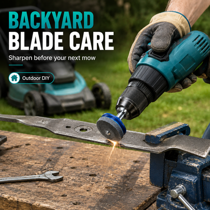 Universal Sharpening Tool for Rotary Lawn Mower Blades—Compatible with Electric and Handheld Drills