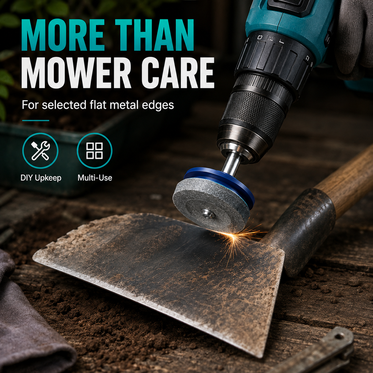 Universal Sharpening Tool for Rotary Lawn Mower Blades—Compatible with Electric and Handheld Drills