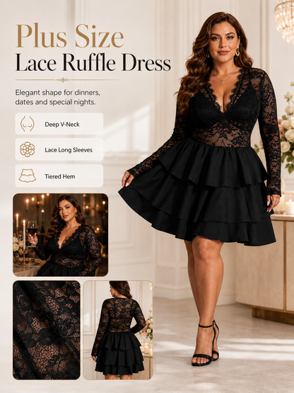 🔥Glam Style Deal 💃Plus Size Lace Panel Deep V-Neck Dress with Sheer Layered Hem for Parties & Nights Out