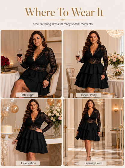 🔥Glam Style Deal 💃Plus Size Lace Panel Deep V-Neck Dress with Sheer Layered Hem for Parties & Nights Out
