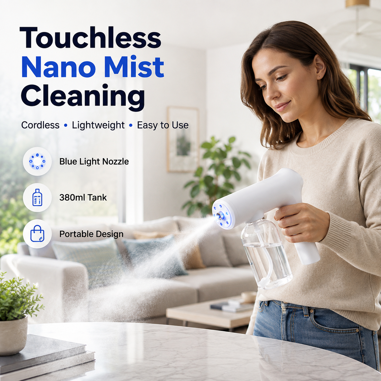 CordlessNano Atomizer - TouchlessDisinfecting, Blue Light - ForHome, Office & Car