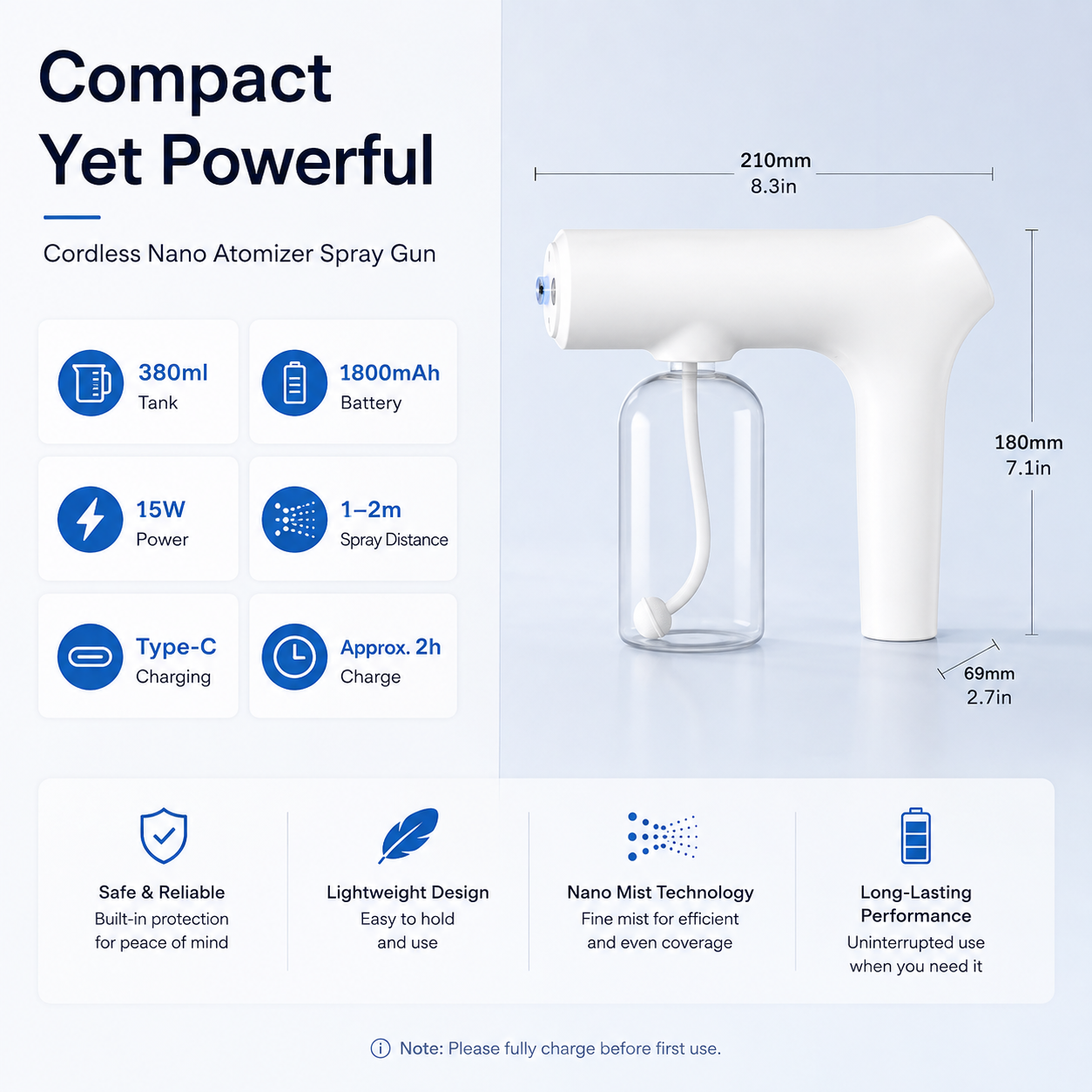 CordlessNano Atomizer - TouchlessDisinfecting, Blue Light - ForHome, Office & Car