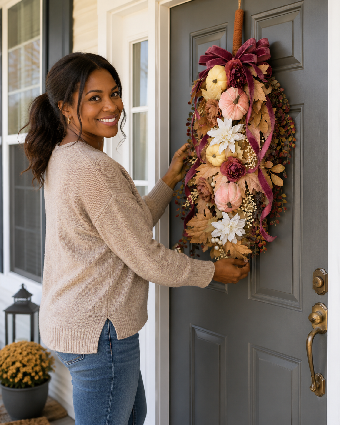 Large Fall Wreath for Front Door,  Autumn Teardrop Swag