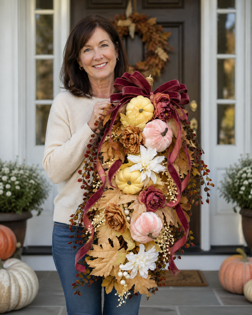 Large Fall Wreath for Front Door,  Autumn Teardrop Swag