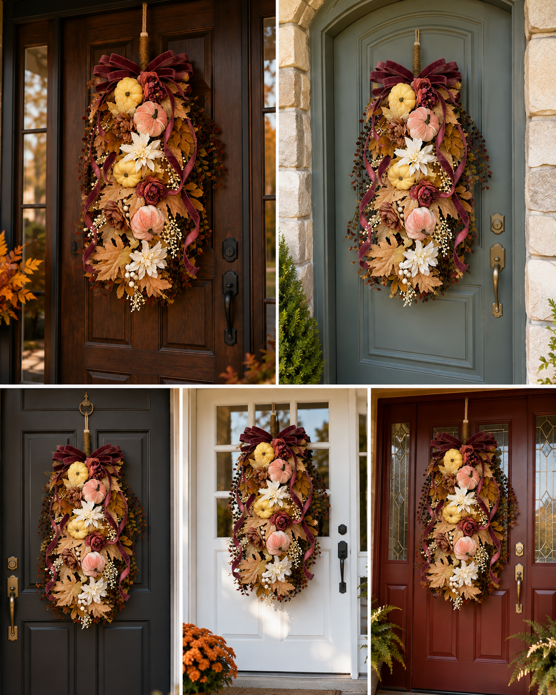 Large Fall Wreath for Front Door,  Autumn Teardrop Swag