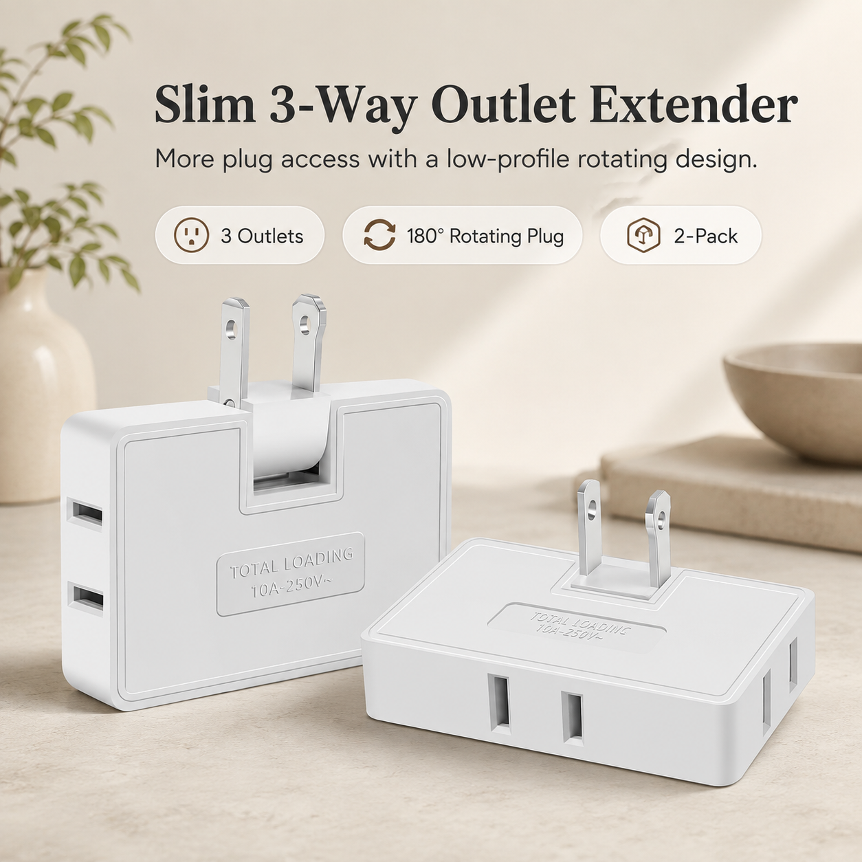 🔌 3-Way 180° Rotating Flat Outlet Extender – Slim Space-Saving Plug Adapter