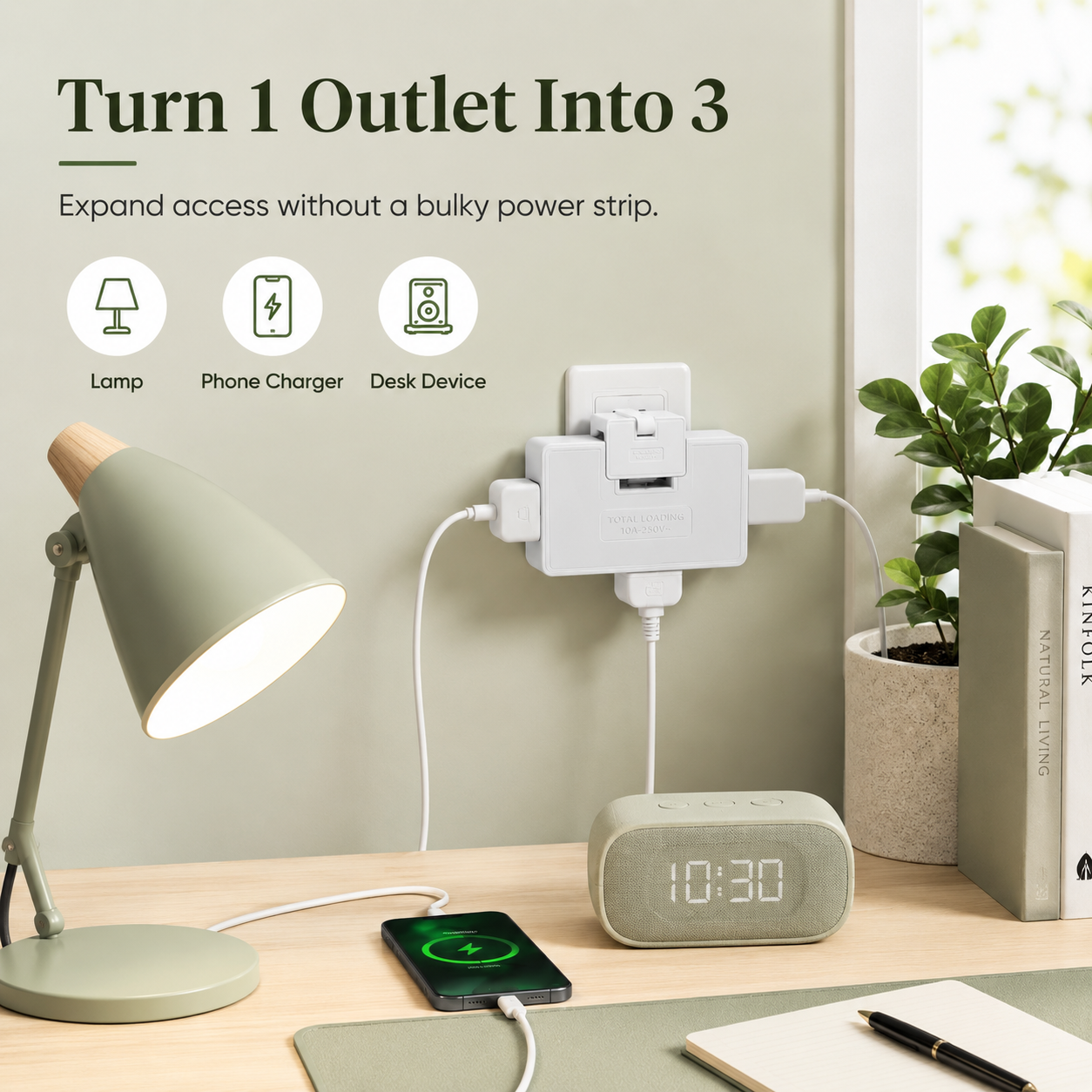 🔌 3-Way 180° Rotating Flat Outlet Extender – Slim Space-Saving Plug Adapter