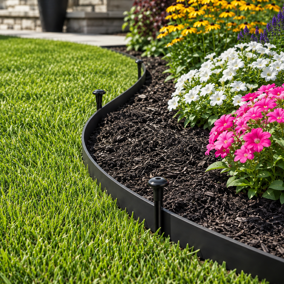 Curved landscape edging separating mulch from lawn
