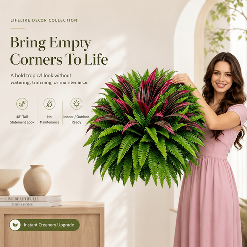 💥BUY 1 GET 1 FREE (2 PCS)🔥 48" Large UV-Resistant Artificial Fern & Red Dracaena Decorative Plants – Full, Lush & Fade-Resistant!