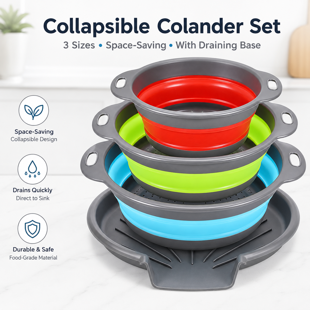 🥗 3-Piece Collapsible Colander Set – Space-Saving Strainers with Draining Base