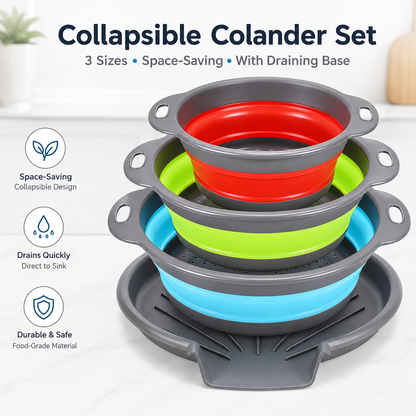 🥗 3-Piece Collapsible Colander Set – Space-Saving Strainers with Draining Base