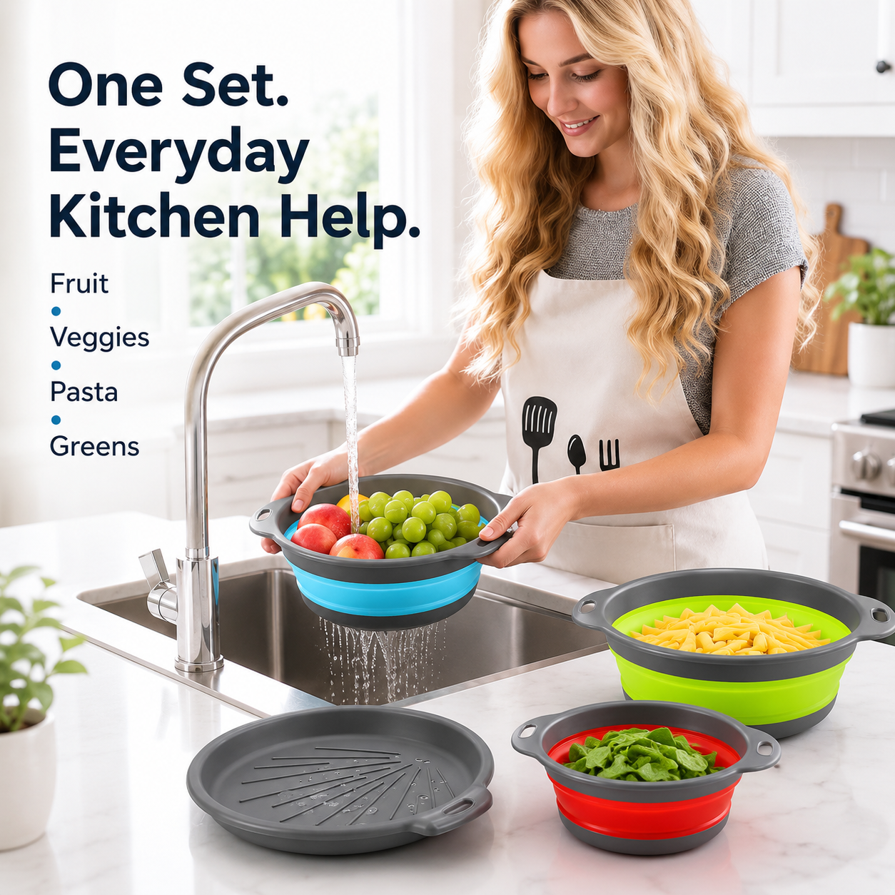 🥗 3-Piece Collapsible Colander Set – Space-Saving Strainers with Draining Base