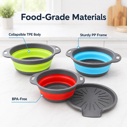 🥗 3-Piece Collapsible Colander Set – Space-Saving Strainers with Draining Base