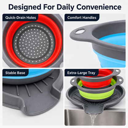 🥗 3-Piece Collapsible Colander Set – Space-Saving Strainers with Draining Base