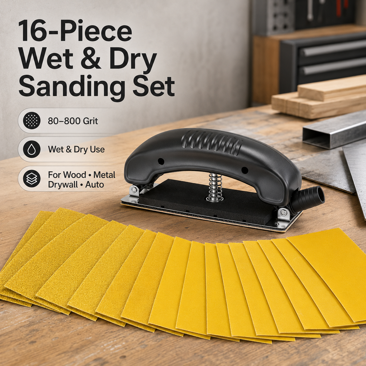 🛠️ HOT SALE | 16-Pack Wet & Dry Sandpaper Set – 80-800 Grit Sanding Sponges for Wood, Metal, Drywall & Auto