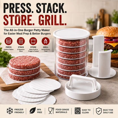 Stackable Burger Patty Maker & Storage Press Set with 8 Separator Discs