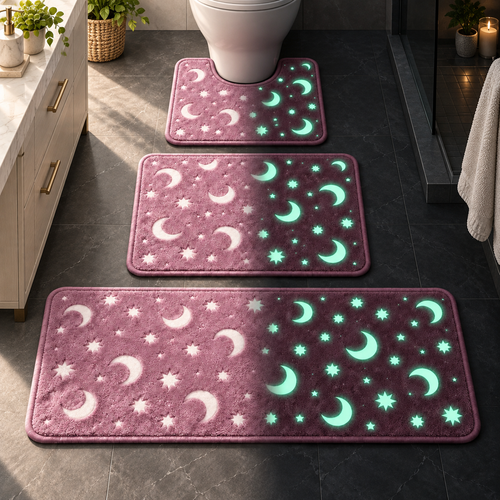 Glow-in-the-Dark Moon & Star Bath Mat Set – Soft by Day, Magical by Night