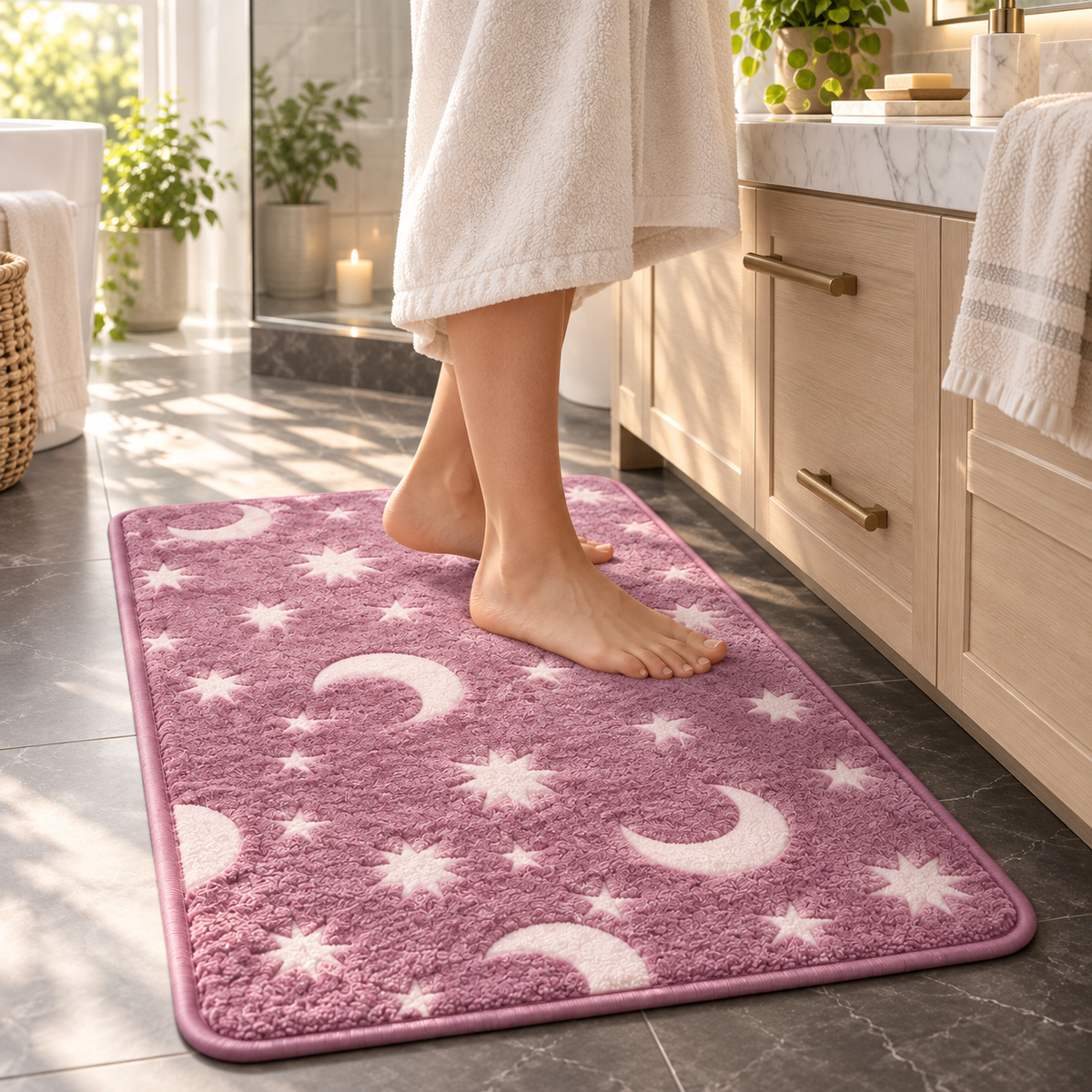 Glow-in-the-Dark Moon & Star Bath Mat Set – Soft by Day, Magical by Night