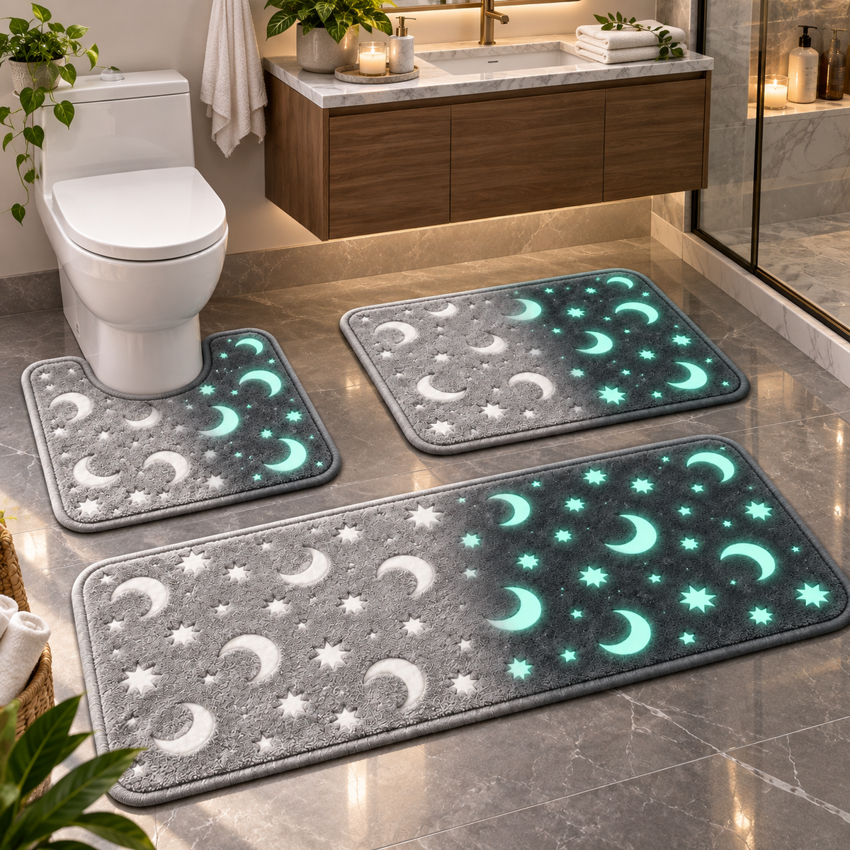 Glow-in-the-Dark Moon & Star Bath Mat Set – Soft by Day, Magical by Night