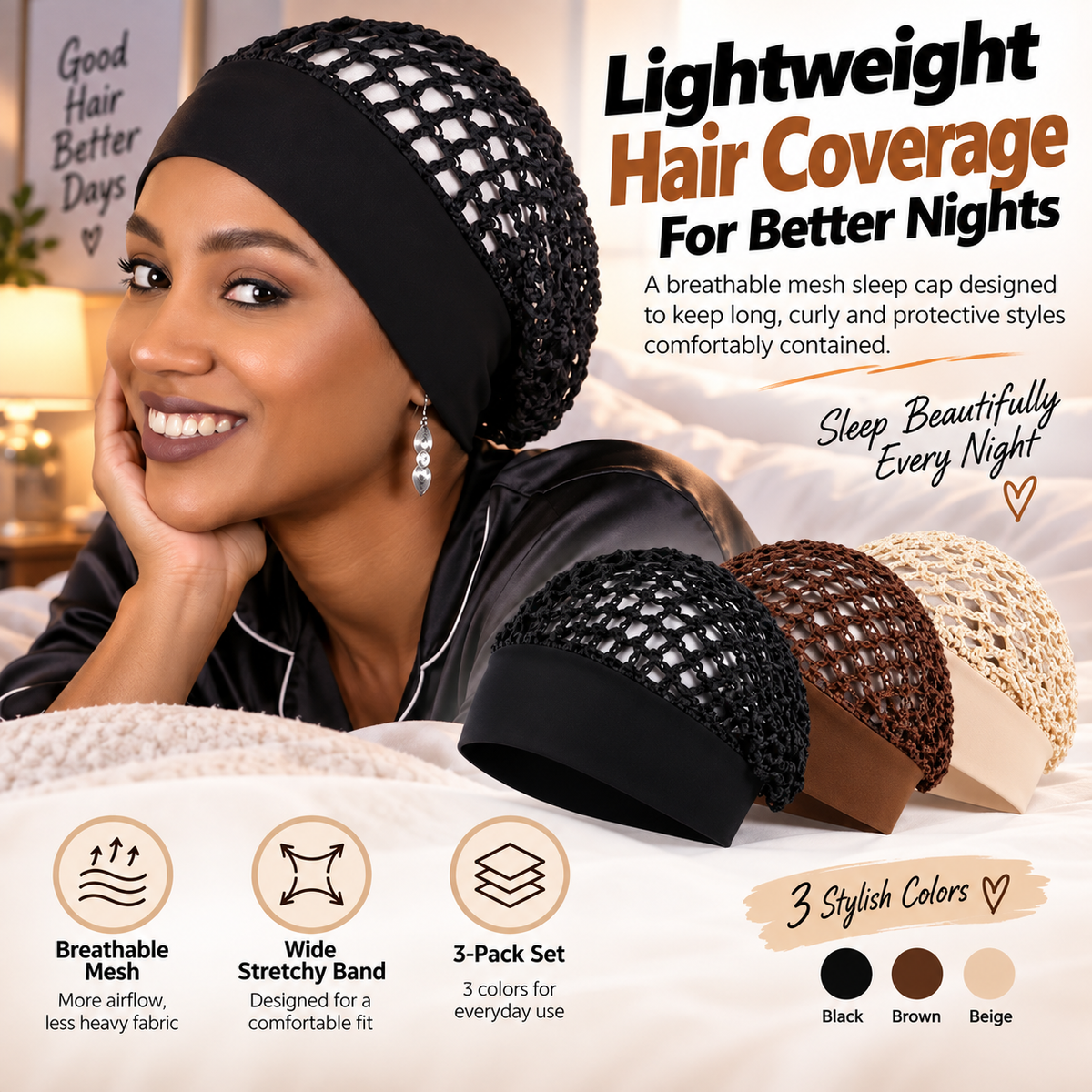 3-Pack Breathable Mesh Sleep Hair Caps – Wide-Band Night Hair Wraps