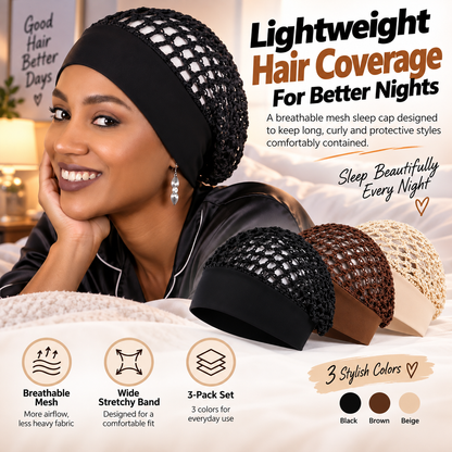 3-Pack Breathable Mesh Sleep Hair Caps – Wide-Band Night Hair Wraps