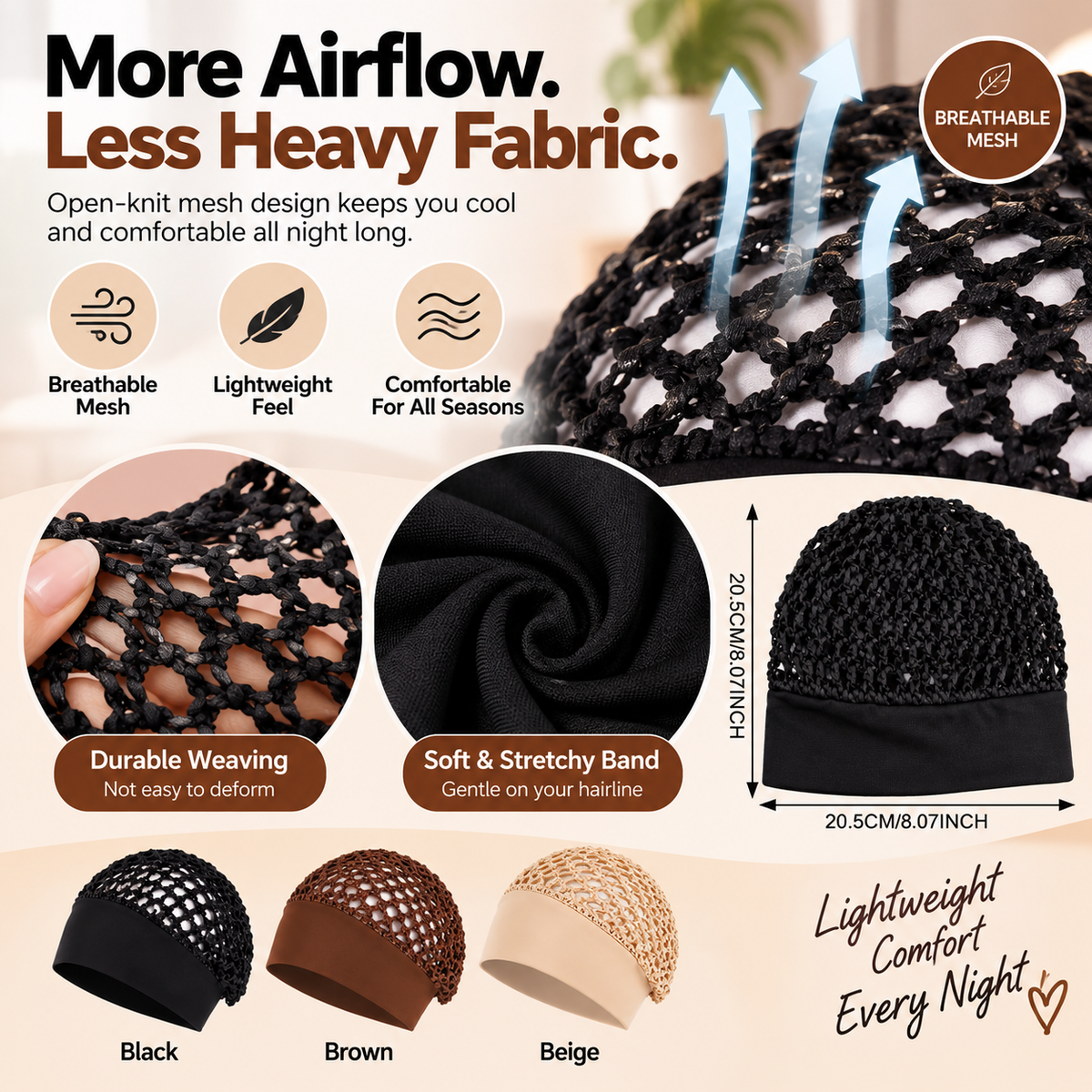 3-Pack Breathable Mesh Sleep Hair Caps – Wide-Band Night Hair Wraps