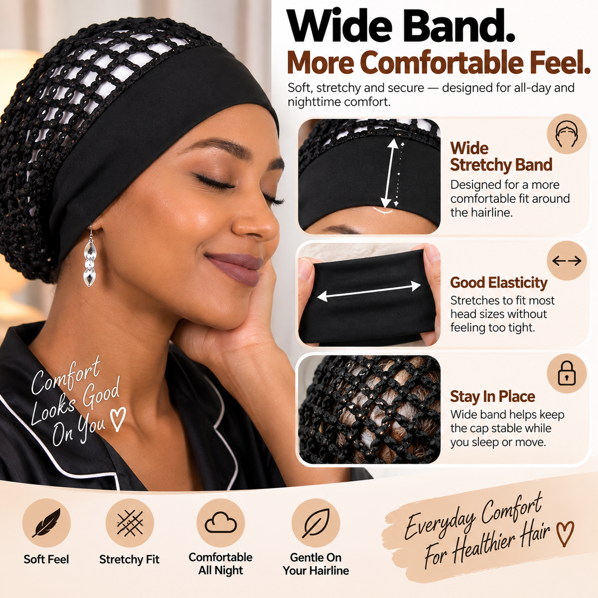 3-Pack Breathable Mesh Sleep Hair Caps – Wide-Band Night Hair Wraps
