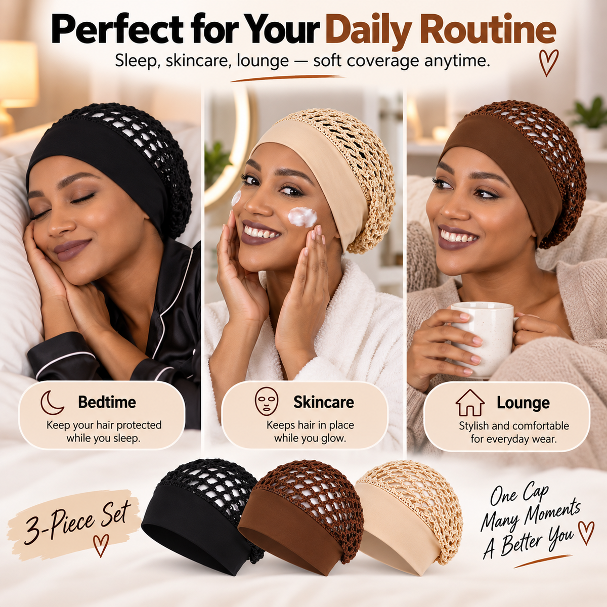 3-Pack Breathable Mesh Sleep Hair Caps – Wide-Band Night Hair Wraps