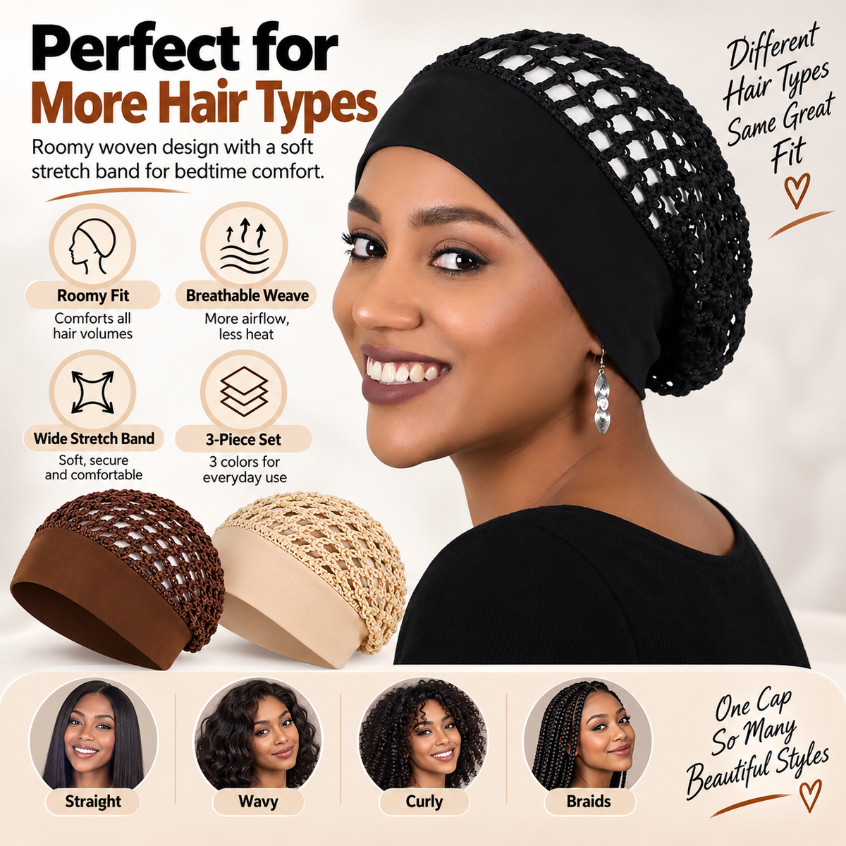 3-Pack Breathable Mesh Sleep Hair Caps – Wide-Band Night Hair Wraps