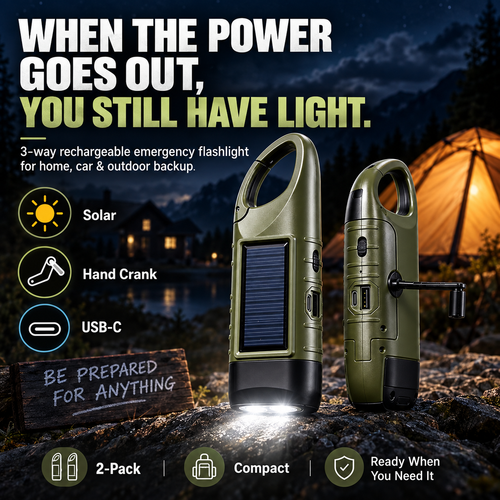 2-Pack Solar Hand Crank Emergency Flashlights – USB-C Rechargeable Outdoor Lights