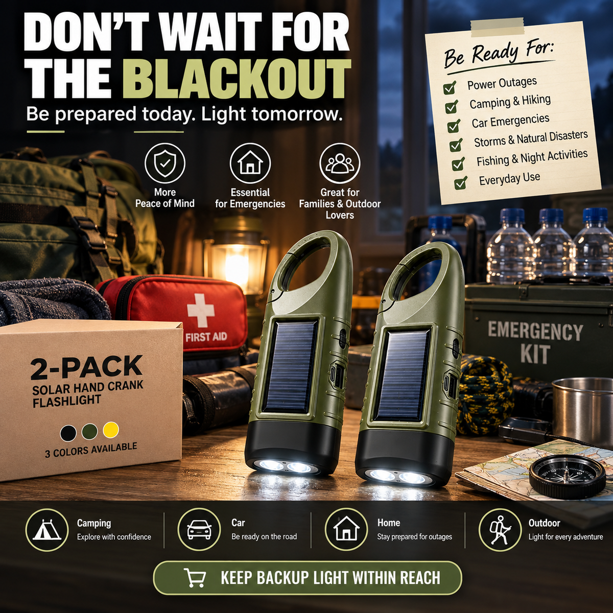 2-Pack Solar Hand Crank Emergency Flashlights – USB-C Rechargeable Outdoor Lights