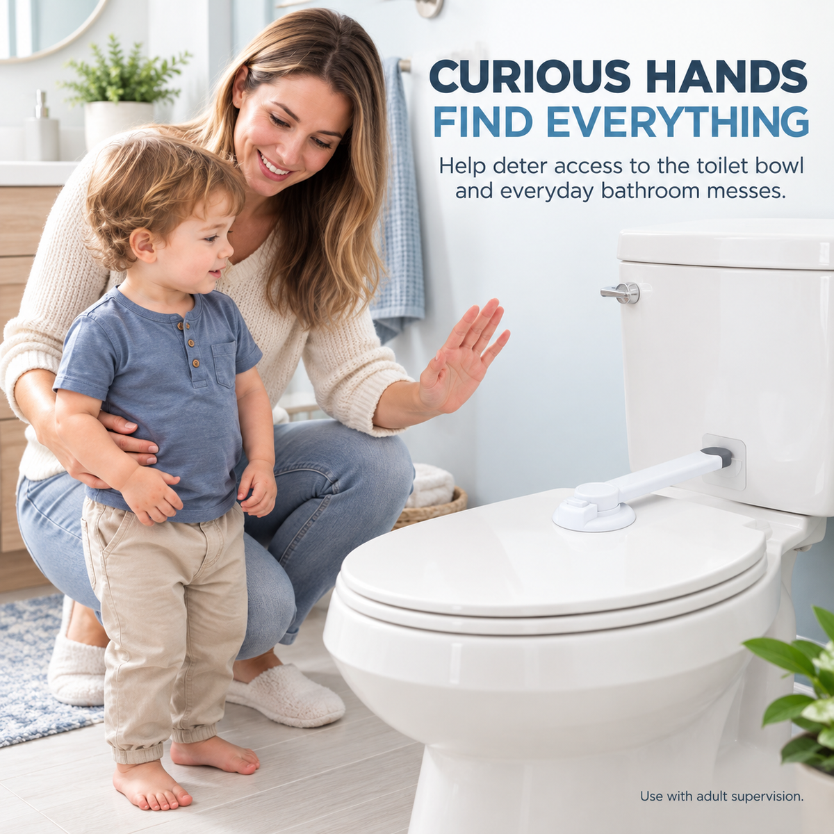 Parent and child beside a toilet with safety lock installed
