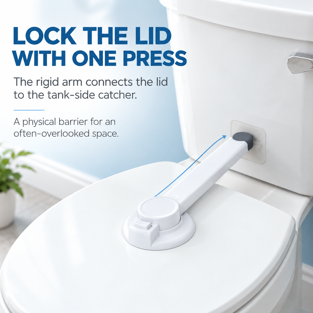 Rigid toilet lock arm connecting lid to tank-side catcher
