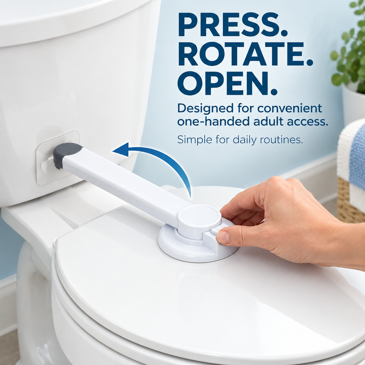 Adult pressing and rotating the baby toilet lock
