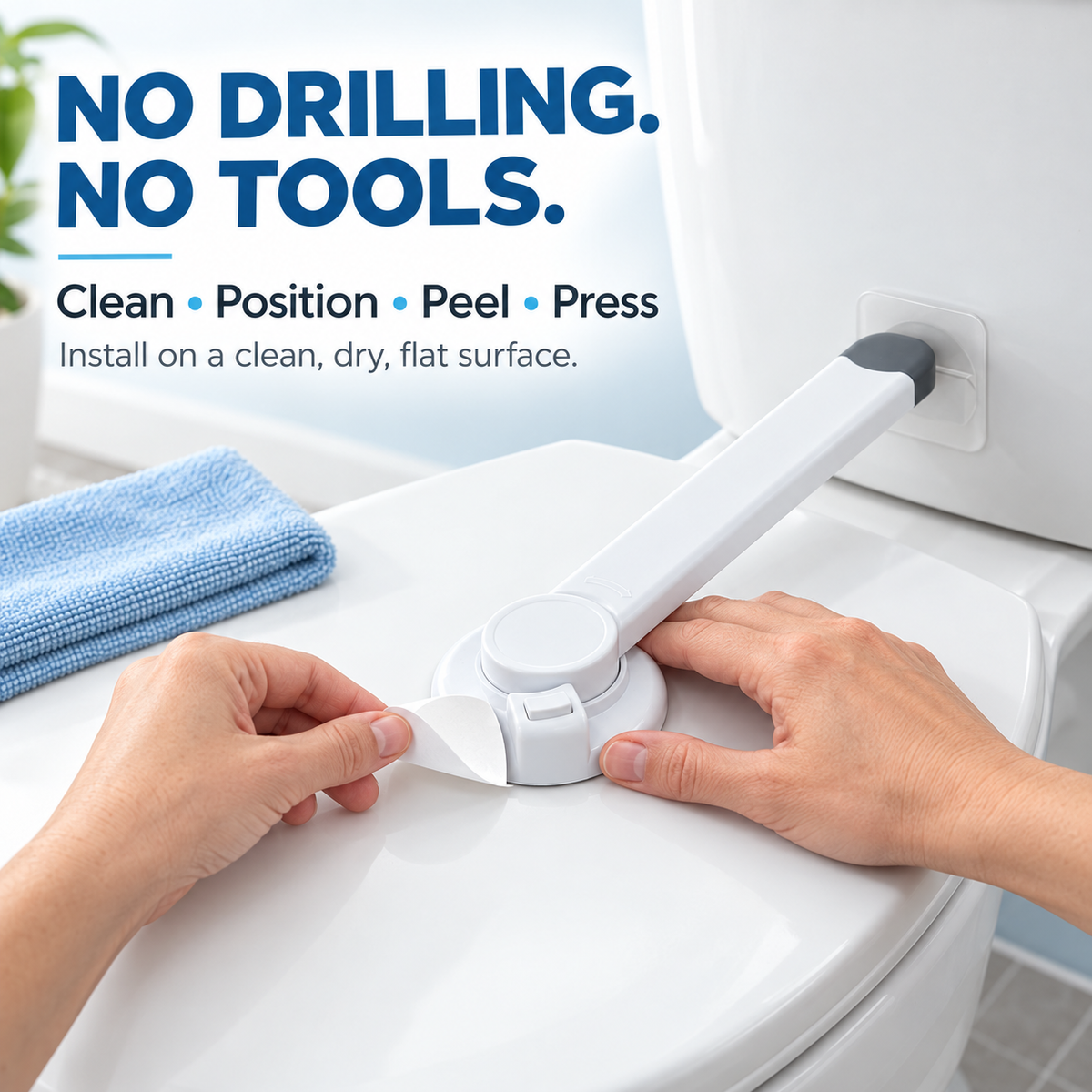 No-drill adhesive installation for toilet lock