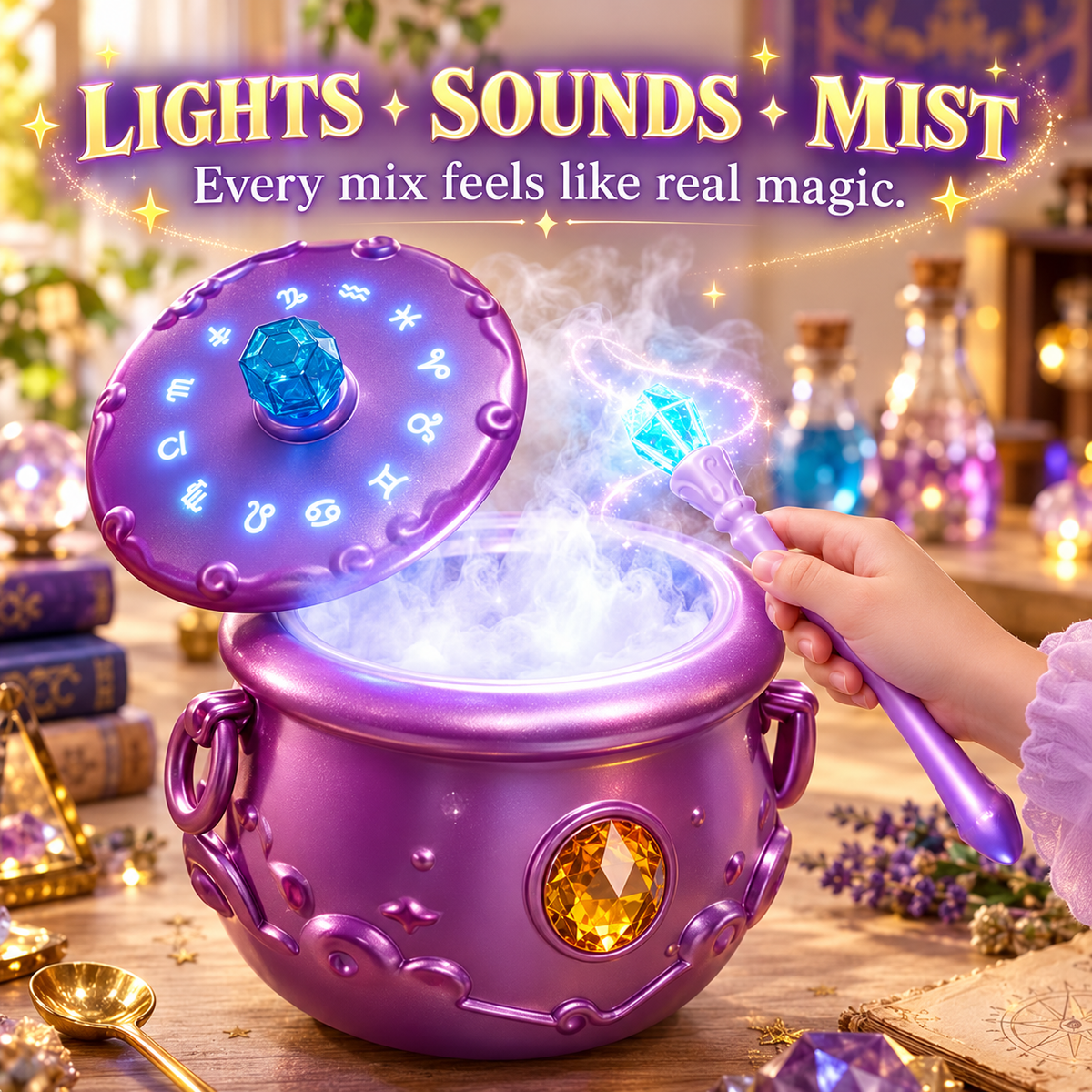 Magic potion cauldron with lights sounds and mist