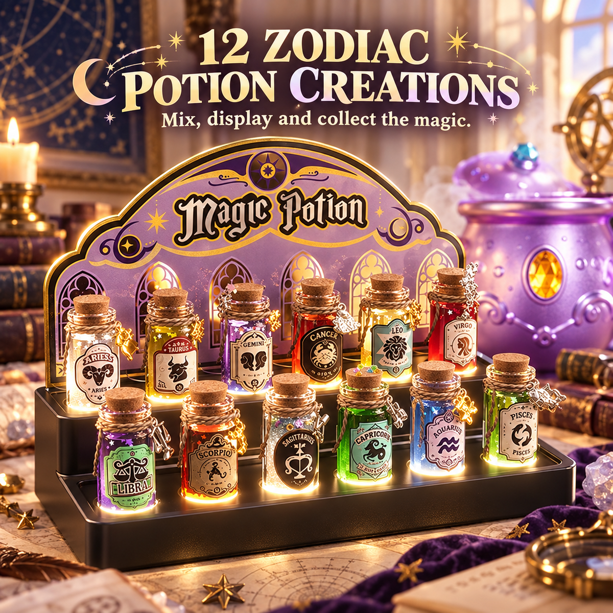 12 zodiac potion creations on light-up display stand