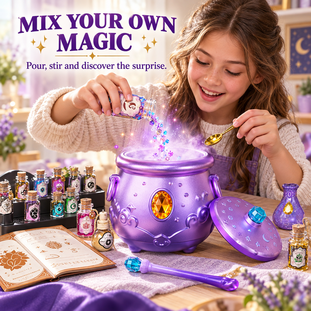 Child mixing potion in purple cauldron