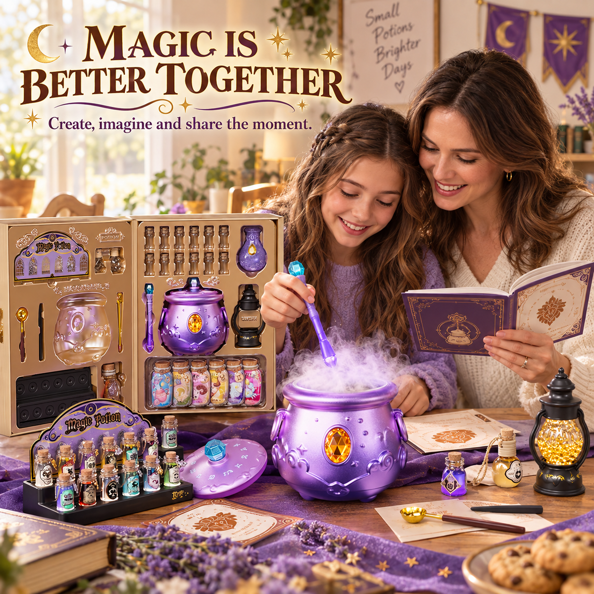 Parent and child making potions together