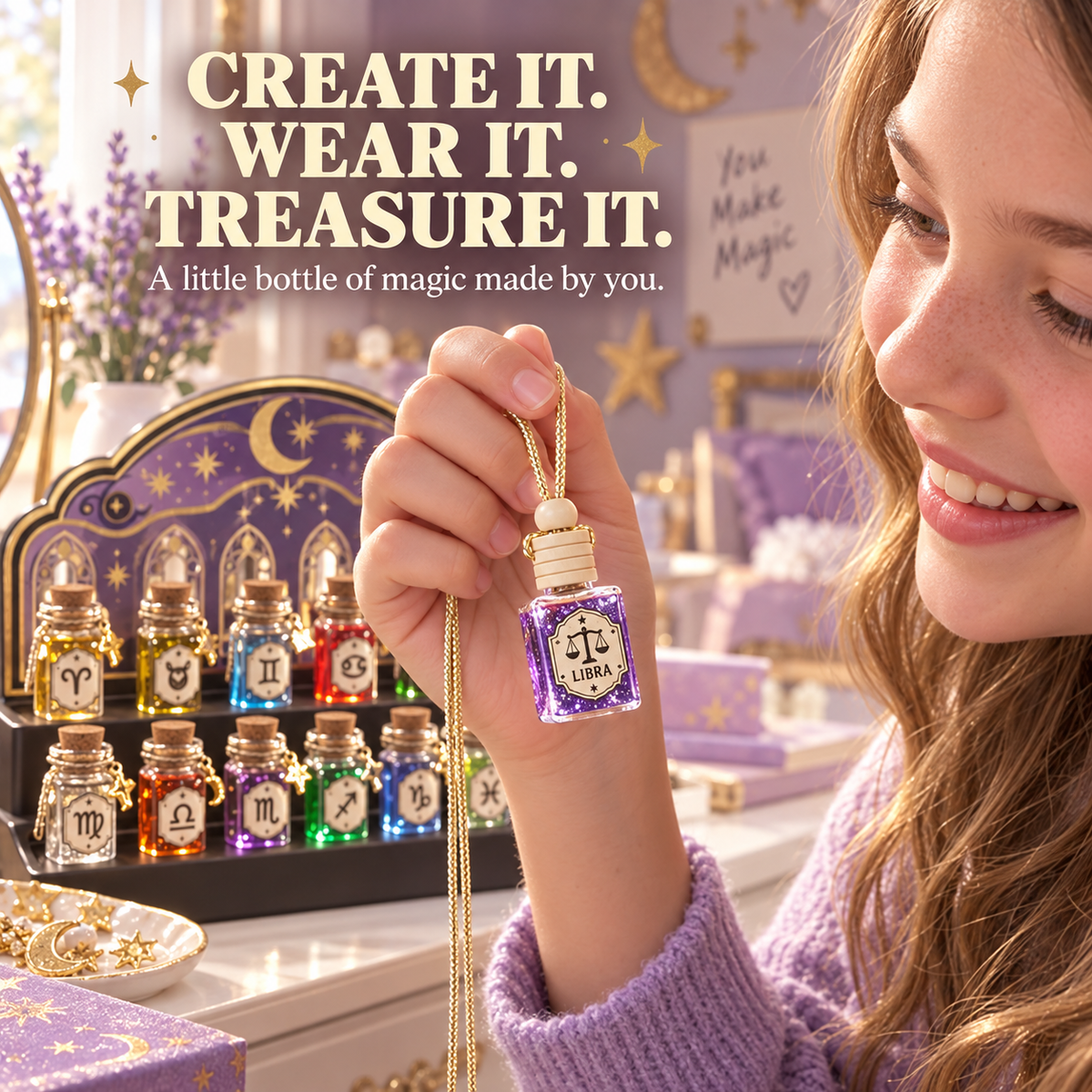 Child holding zodiac potion pendant