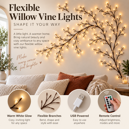 Warm Glow Willow Branch Wall Lights – Flexible USB LED Vine with Remote Control
