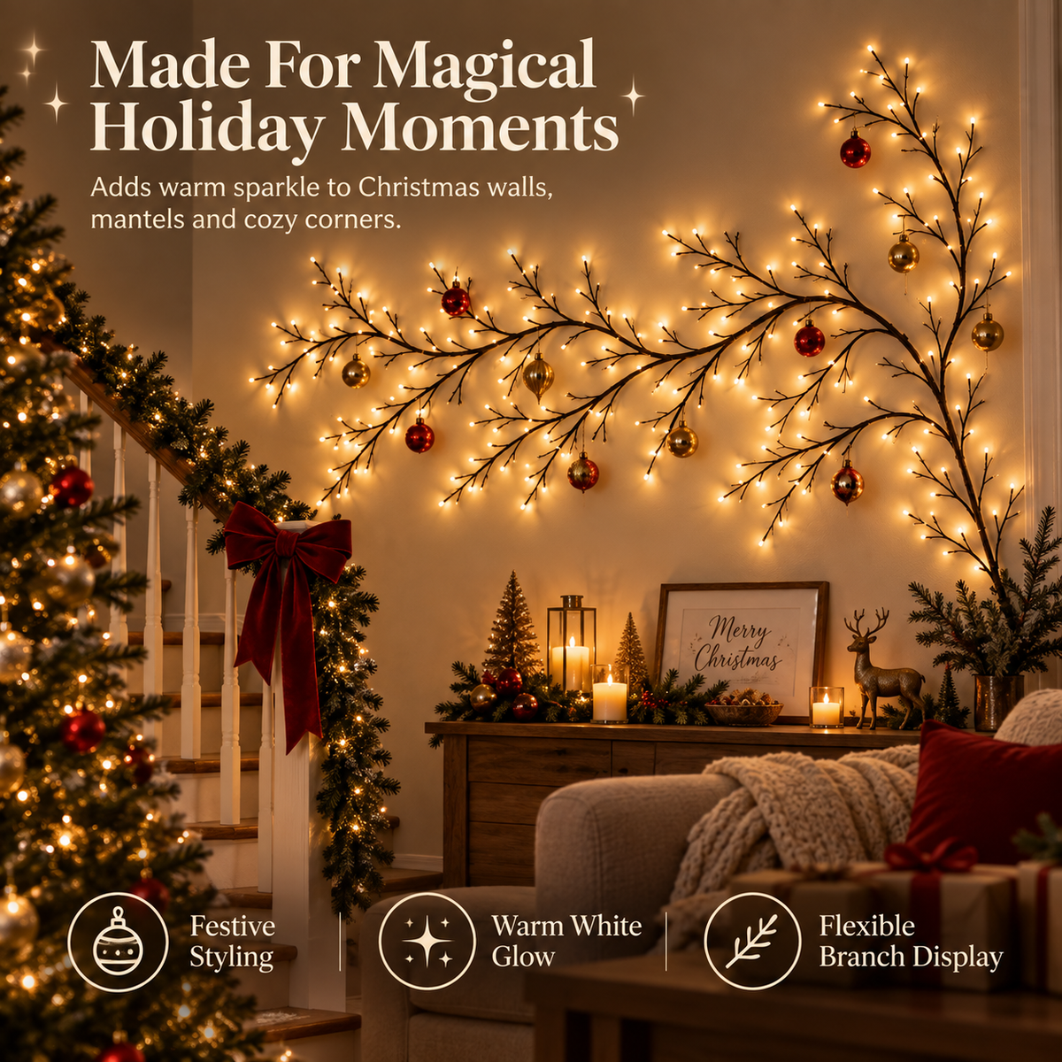 Willow branch lights decorated for Christmas