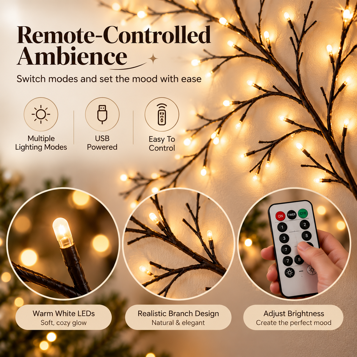 Remote controlled willow branch lighting with warm white LEDs