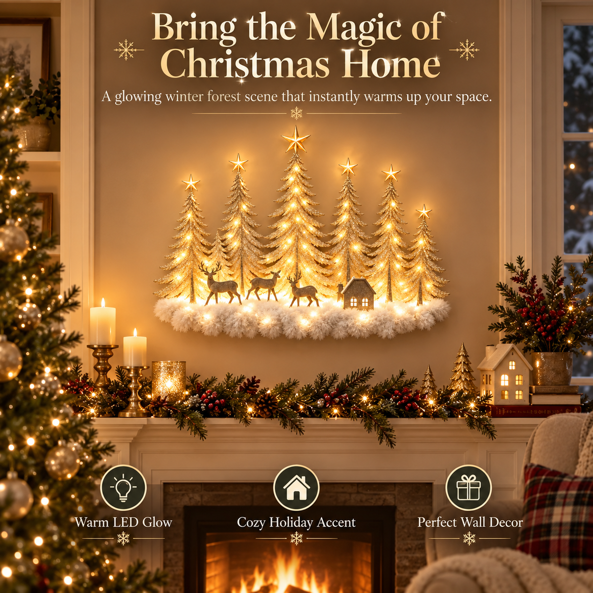 Lighted Christmas Deer Forest Wall Decor – Warm LED Winter Scene Holiday Decoration