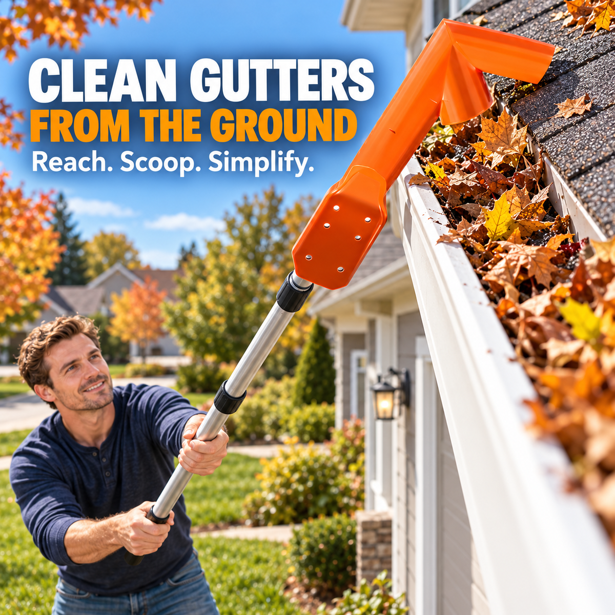 Orange gutter cleaner used from ground level
