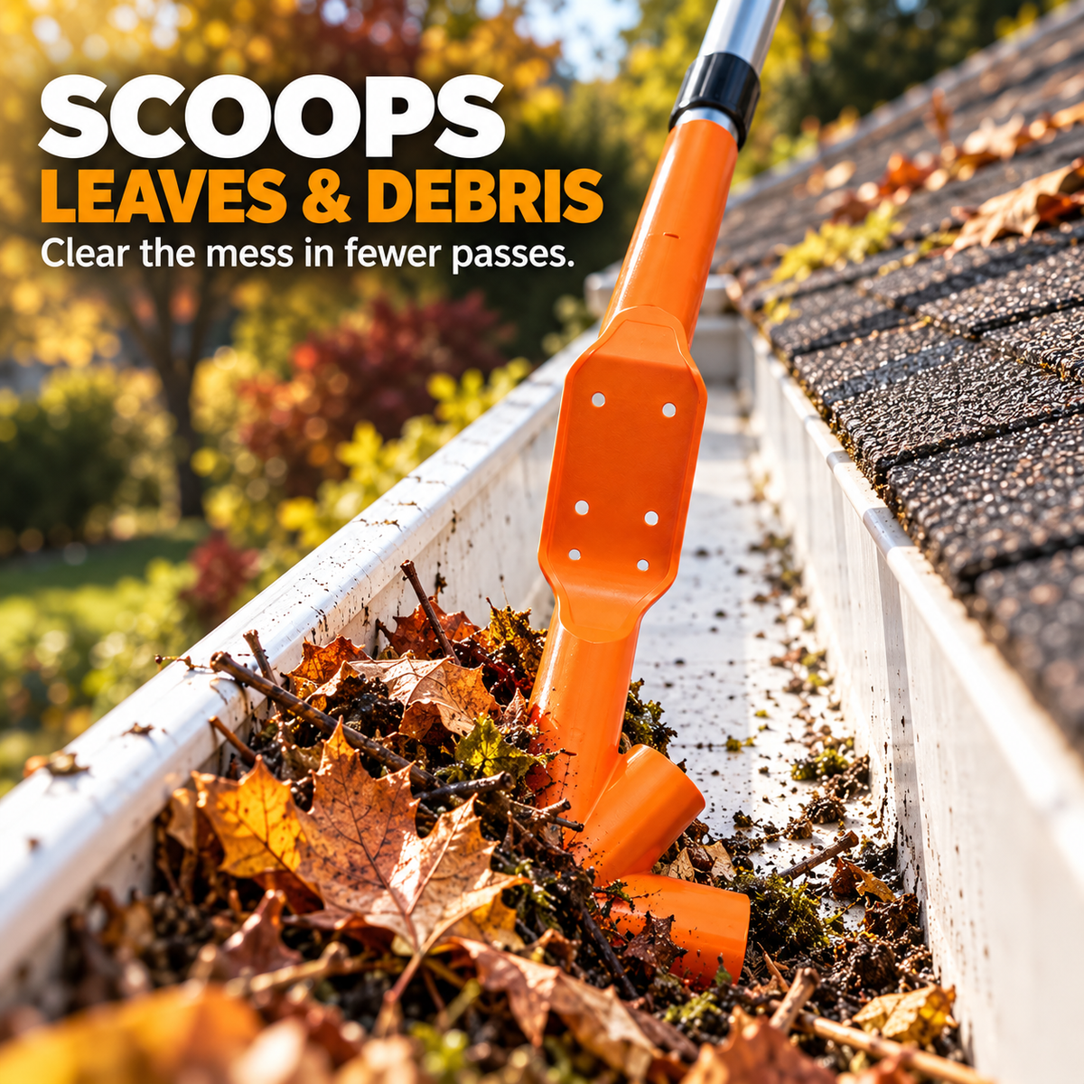Wide scoop removing leaves and debris from a gutter