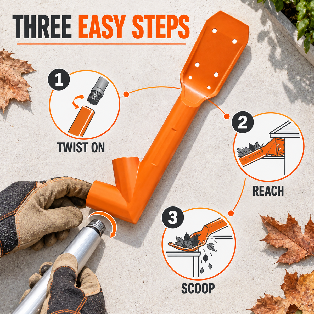 Three step gutter cleaner installation and use guide